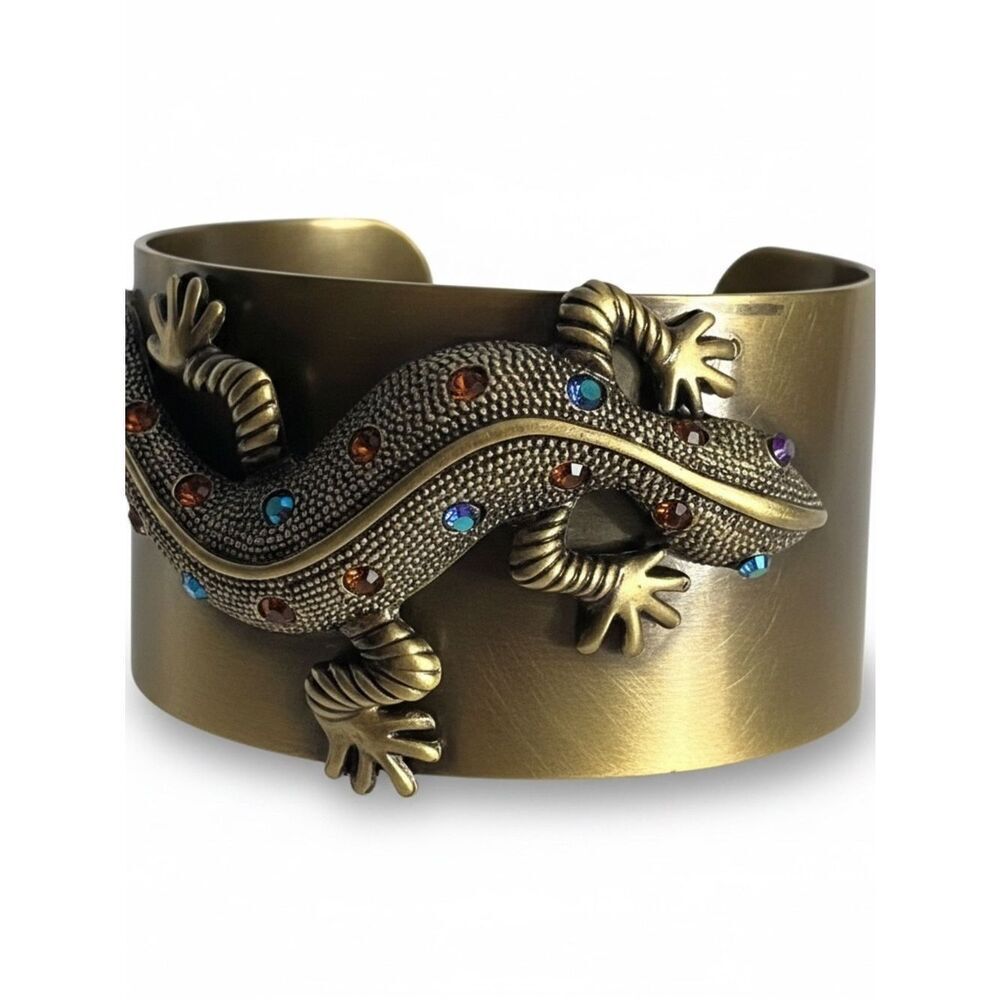 Gecko Lizard Wide Cuff Bangle Bracelet Gold Tone Multicolor